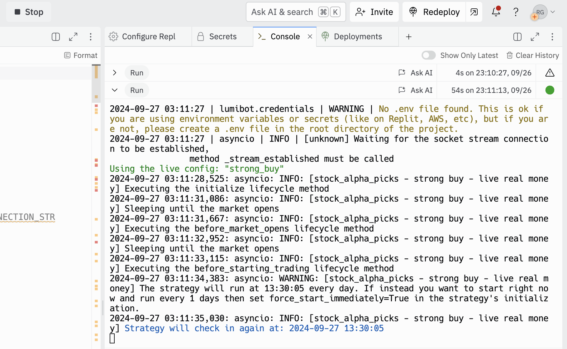 Viewing logs in Replit